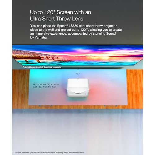 Epson EpiqVision Ultra LS650 4K PRO-UHD Laser Projector, 3,600 Lumens, 120" - White