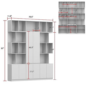 FAMAPY Wide Cube Storage Bookshelf with Doors and Shelves, White - 70.9”W x 11.8”D x 87”H