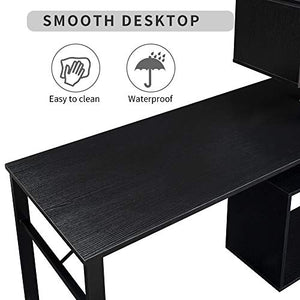 Computer Desk L-Shaped Corner Table for Home Office, Sturdy Wooden Rotating Writing Table Gaming Desk Workstation with Metal Frame, 5-Story Bookshelves and Lockable Casters, Four Installation Methods