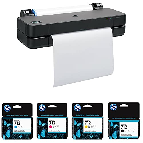 HP DesignJet T210 Large Format Printer, 24" Color Inkjet Plotter, Wireless, Bundle 712 29ml Cyan 712 29ml Magenta 712 29ml Yellow 712 38ml Black Ink Cartridges