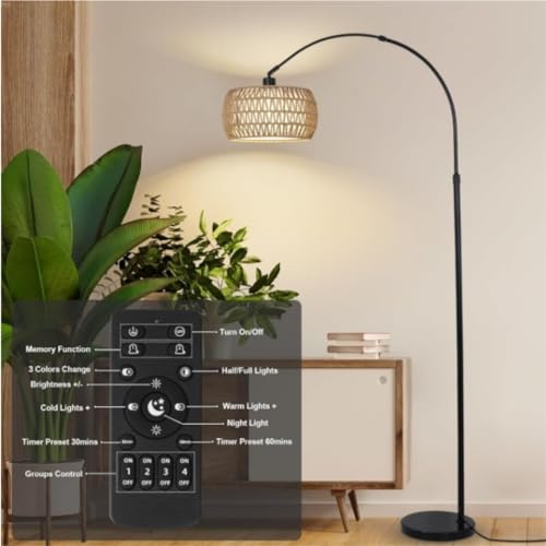 Habrur Boho Floor Lamp with Rattan & Fabric Shades - Modern Arc Floor Lamp