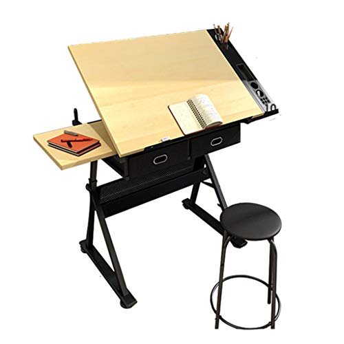 Lgan Height Adjustable Drawing Desk, Tiltable Craft Table with Storage, Maple Panel Art Desk, for Home Office Drafting Table