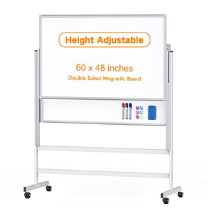 Dry Erase Whiteboard Height Adjustable, Easel Stand White Board on Wheels - 60 x 48 inches Large Mobile Dry Erase Board, Double Sided Magnetic Whiteboard for Office Home Classroom, Sliding Up & Down