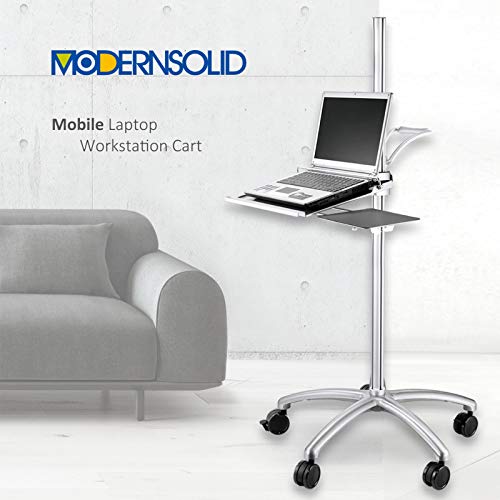 Aluminum Mobile Laptop Cart on Wheels, Height Adjustable Rolling Laptop Stand with Mouse Tray, Mobile Computer Workstation for Home, Office, School and Hospital
