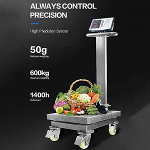 KDFWYDS Industrial Platform Weight Scale with Wheels - Digital Shipping Postal Scales LED Display - Black, 1000kg/500g