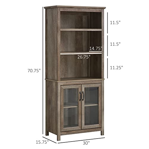 HOMCOM 71" Bookcase Storage Hutch Cabinet with Adjustable Shelves, Glass Doors - Natural Wood