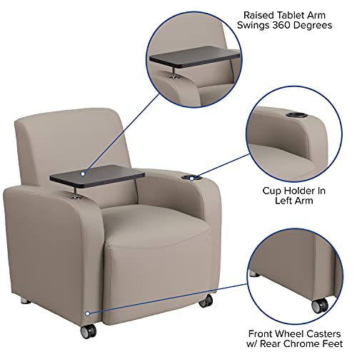 BizChair Gray LeatherSoft Tablet Arm Chair with Front Wheel Casters and Cup Holder