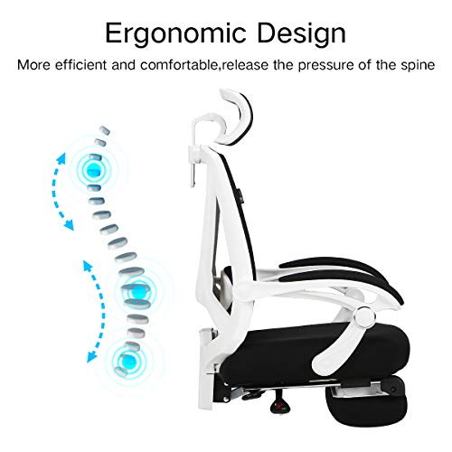 Hbada Reclining Office Desk Chair | Adjustable High-Back Ergonomic Computer Mesh Recliner | Home Office Chairs with Footrest and Lumbar Support, White