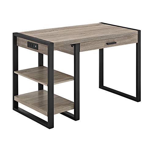 Walker Edison Modern Industrial Computer Gaming Desk Storage Shelves and Drawer with Electrical Outlet Home Office, 48 Inch, Driftwood