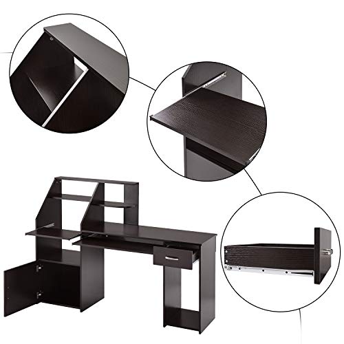 Merax Computer Desk Study Writing Table for Home Office with 44 inch Workstation, Storage Shelves and Pull-Out Keyboard Tray, Espresso