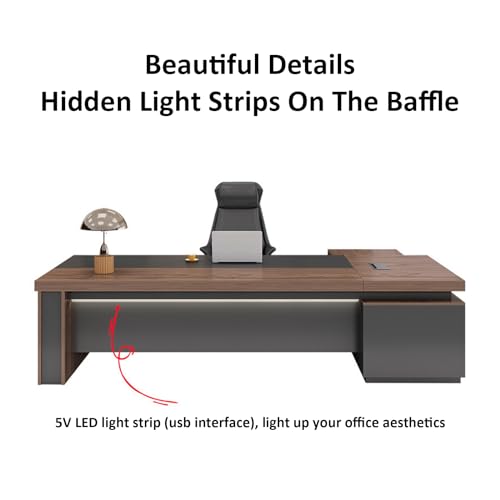 KAGUYASU Modern Wood L-Shape Executive Desk with Led, Cable Management, Brown (63" L x 31.5" W x 29.5" H)