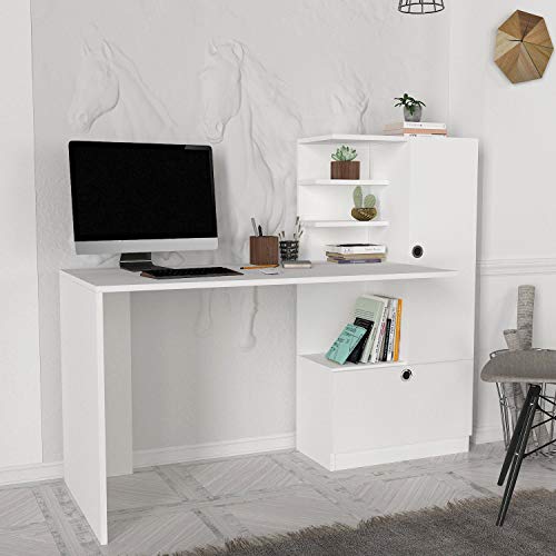 MAKENZA Merino Office Desk Modern Living Room Furniture with Adjustable Shelves & One Hidden Cabinet, Writing Workstation Table Compatible for Home, Office Study (White)