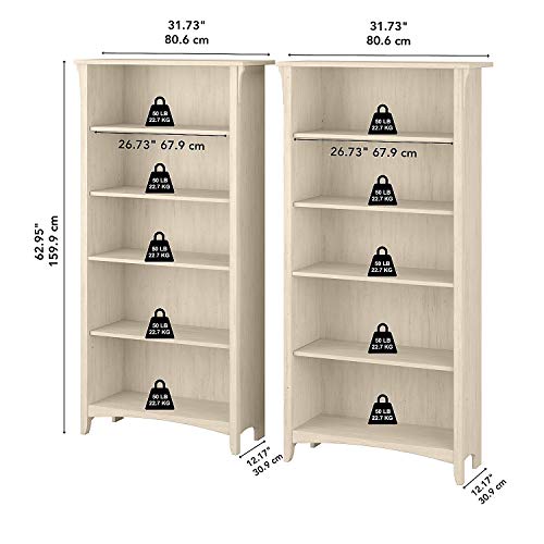 Bush Furniture Salinas 5 Shelf Bookcase Set - Antique White Tall Display Cabinet