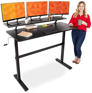 Stand Steady Tranzendesk 55 in Standing Desk with Clamp On Shelf | Crank Height Adjustable Stand Up Workstation with Attachable Monitor Riser | Holds 3 Monitors & Adds Desk Space (55 in/Black)