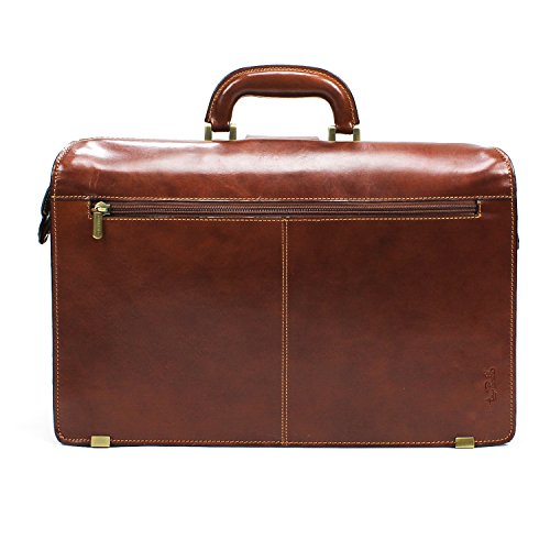 Tony Perotti Mens Italian Bull Leather Benevento Double Compartment Lawyer's Leather Laptop Briefcase in Cognac