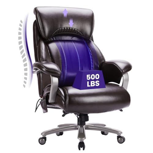 COLAMY Big and Tall Office Chair 500lbs-Heavy Duty Executive Computer Desk Chair, Ergonomic Leather, Adjustable Lumbar Support, Brown