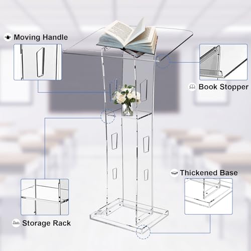 Wqzlyg Acrylic Podium with Custom Logo & Text, 43” Clear Pulpit with Storage Shelf - 15 Colors Adjustable