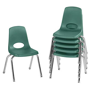 FDP 14" School Stack Chair, Stacking Student Seat with Chromed Steel Legs and Nylon Swivel Glides; for in-Home Learning or Classroom - Green (6-Pack), 10364-GN