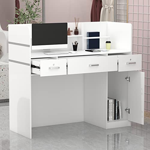 AGOTENI Reception Desk with Open Shelf & Drawers, Lockable Drawer, Wooden Counter (White)
