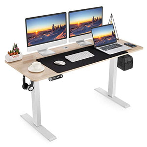 55 x 24 Inch Electric Standing Desk Adjustable Height, Sit-Stand Desk with Oversized Mouse Pad, Four Memory Heights, 27''-45'' Lifting Range Stand up Desk, Oak Tabletop with White Frame