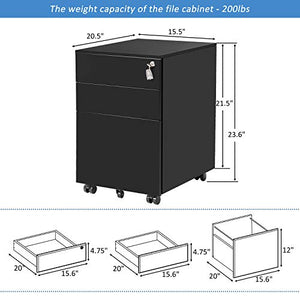Teeker Mobile Metal 3 Drawer File Cabinet with Lock (Black)