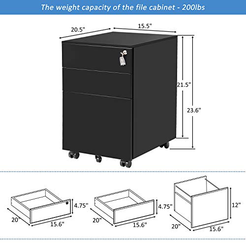 Teeker Mobile Metal 3 Drawer File Cabinet with Lock (Black)