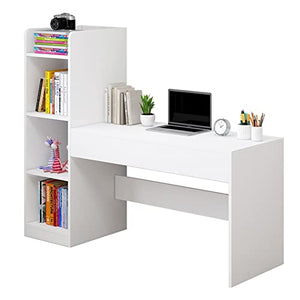 BinOxy Modern Minimalist Computer Desk with Multi-layer Storage Bookcase - White PC Table Study Table (112CM)
