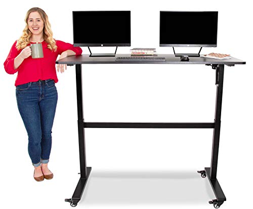 Stand Steady Tranzendesk | 55 Inch Standing Desk with Detachable Wheels | Front Crank Easy Manual Height Adjustable Sit to Stand Desk | Modern Ergonomic Desk Supports 3 Monitors (55 / Black)