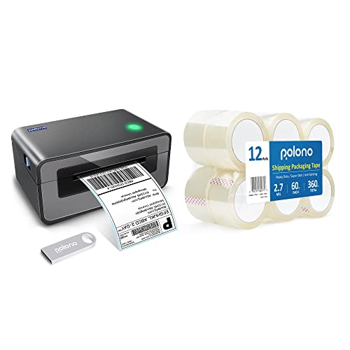 POLONO Label Printer - 150mm/s 4x6 Gray Thermal Label Printer, POLONO Packing Tape, 2.7 mil, 1.88" x 60 Yards, Total 720Y, 3" Core, 12 Rolls, Compatible with Amazon, Ebay, Etsy, Shopify and FedEx