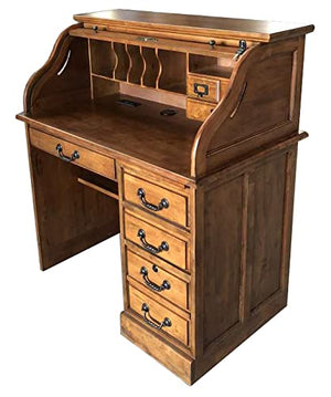 Small Home Office or Student Roll Top Desk- Solid Hardwood Single Pedestal 42Wx24Dx45H BW Organizer Desk Quality Crafted Construction Locking File Drawers Dovetailed Secretary Desk Easy Assembly