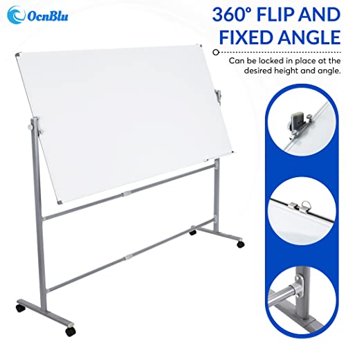 OCNBLU Mobile White Board 72"x36" - Magnetic Dry Erase Board with Lockable Wheels - Multipurpose Double-Sided Board for Home, Office, Classroom Use - Adjustable Height, Fixed Angle, 360-Degree Flip