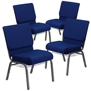 Flash Furniture 4 Pack HERCULES Series Church Chair Navy Blue Fabric Cup Book Rack Silver Vein Frame