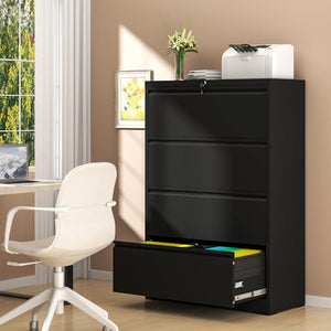 AQY 4 Drawer Lateral File Cabinet with Lock, Steel Wide File Cabinets - Black