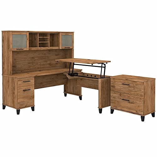 Bush Furniture UrbanPro Sit-Stand L Desk Set with File Cabinet in Walnut - Engineered Wood