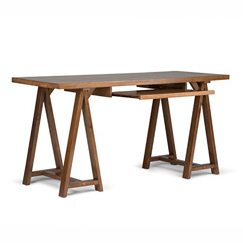 SIMPLIHOME Sawhorse SOLID WOOD Modern Industrial 60 inch Wide Home Office Desk, Writing Table, Workstation, Study Table Furniture in Medium Saddle Brown