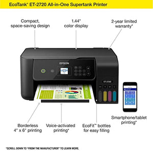 Epson EcoTank ET-2720B Wireless Color Inkjet All-in-One Supertank Printer for Home Office, Black - Print Scan Copy - 10.5 ppm, 5760 x 1440 dpi, Voice Activated Borderless Photo Printing, Ethernet
