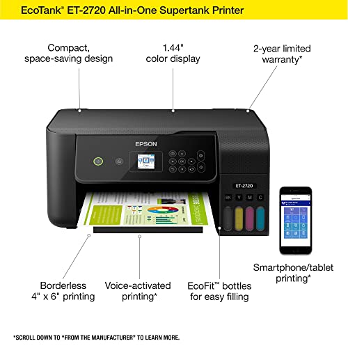 Epson EcoTank ET-2720 All-in-One Wireless Color Inkjet Printer, Black - Print Scan Copy - 10.5 ppm, 5760 x 1440 dpi, Voice Activated, Borderless Photo Printing, 8.5 x 11.7, Ethernet