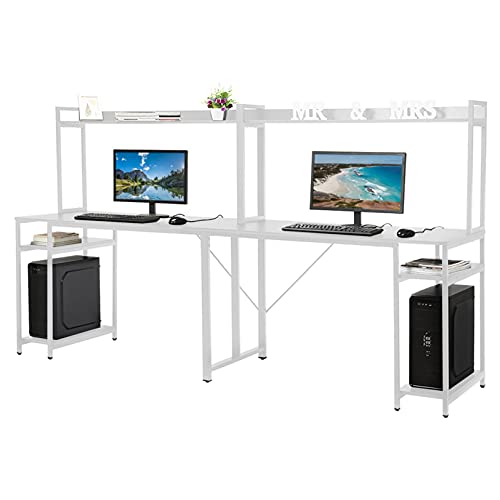 Two Person Computer Desk with Hutch and Storge Shelves, 94.5 inches Double Workstation Desk Extra Large Home Office Desk Multifunction Writing Desk (White)