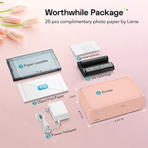 Liene 4x6'' Photo Printer Bundle (100 Sheets +3 Ink Cartridges), Wi-Fi Picture Printer, Photo Printer for iPhone, Android, Smartphone, Computer, Dye-Sublimation, Photo Printer for Home Use, Pink