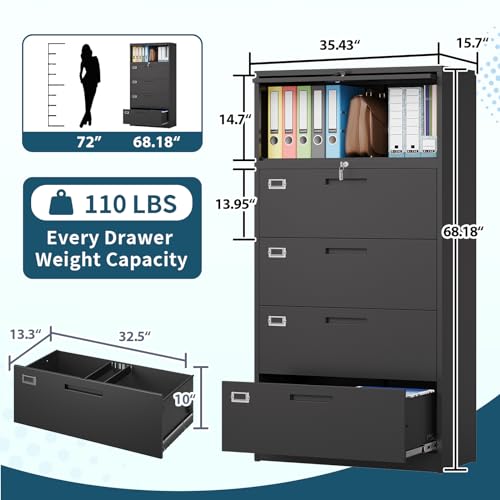 MIIIKO 4 Drawer File Cabinet with Shelf, 5 Tier Metal Lateral Filing Cabinet - 36" Wide, Lockable - Home Office Storage