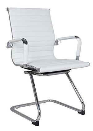 US Office Elements Leather Office Guest Chair for Reception with Removable Arms - Sled Base Without Wheels for Desk Waiting Area Lobby Conference Room - Set of 2, White