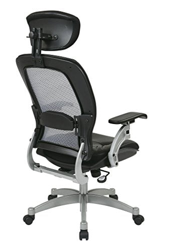 SPACE Seating Light AirGrid Back and Leather Seat, 2-to-1 Synchro Tilt Control, Adjustable Lumbar and Platinum Finish Base Executives Chair with Adjustable Headrest, Black