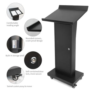 BERPET Podium Stand with Locking Wheels, Heavy Duty Metal, Slant Desktop - 50.4" H