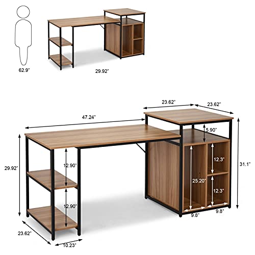 Home Office Desk with Printer Stand and Storage Shelves, 47 inches Computer Desk Large Gaming Desk Multifunctional Writing Table Workstation with Space Saving Design (Brown)