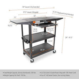Stand Steady Large Metal Utility Cart with Drop Leaves | Height Adjustable 3 Tier Rolling Cart | Pullout Keyboard Tray & Cord Management | Easy Assembly (56in x 20in x 42in)
