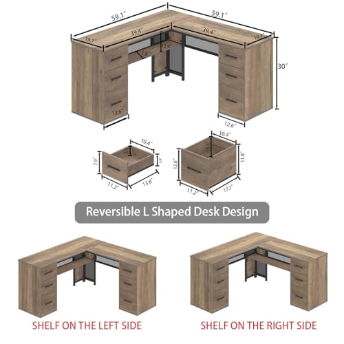 HSH Rustic L-Shaped Home Office Desk with Drawers - 59 Inch