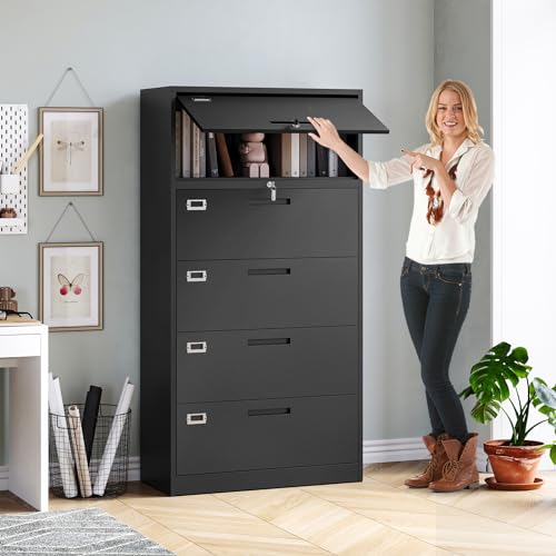 MIIIKO 4 Drawer File Cabinet with Shelf, 5 Tier Metal Lateral Filing Cabinet - 36" Wide, Lockable - Home Office Storage
