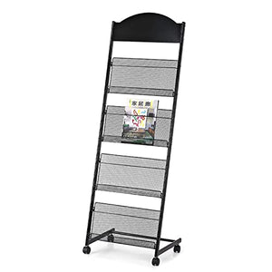 HAUTHE Magazine Holder/Storage Rack with Wheels, 4 Pockets - Floor-Standing Literature Organizer