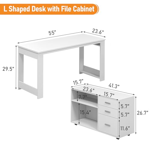 MU White L Shaped Desk with Drawers - 55 inch