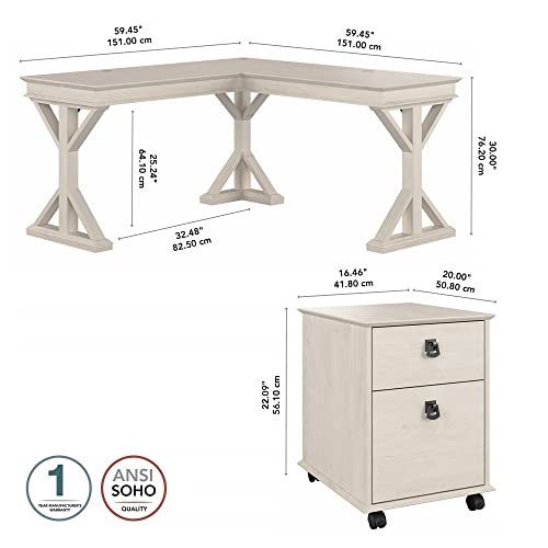 Bush Furniture Homestead Farmhouse L Shaped Desk with Mobile File Cabinet, Linen White Oak